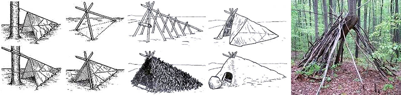 Варианты устройства пирамидального шалаша-убежища